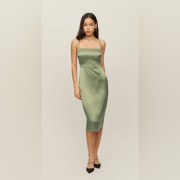 Reformation Oaklie 100% silk midi dress in pistachio green Size 6 - Picture 1 of 10